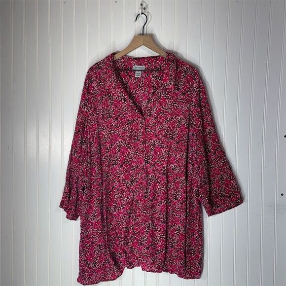 Catherines 4X Pink Floral Tunic Blouse Rayon Boho 3/4 Sleeve Plus Size Top - Picture 1 of 8